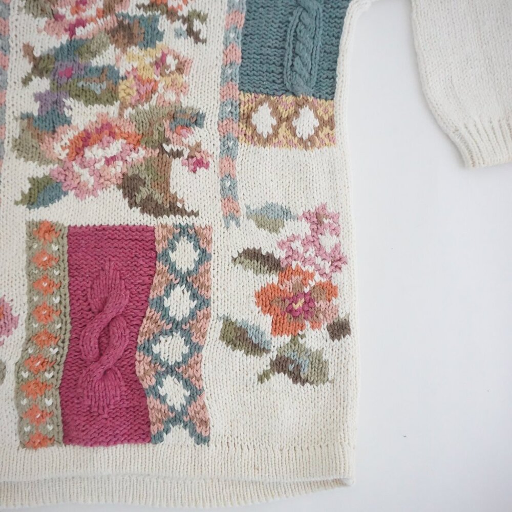 Vintage Heirloom Collectibles Floral Patchwork Cottage Knit Sweater Ivory Pink L - Picture 5 of 12